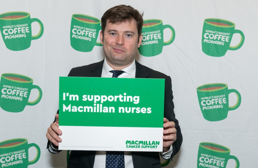 Robert Largan MP backs Macmillan’s cancer nurse campaign at World’s Biggest Coffee Morning in Parliament