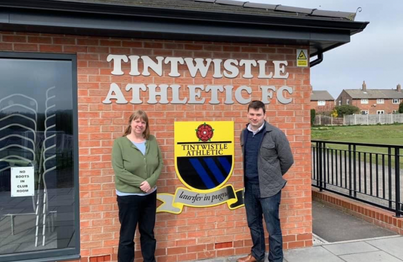 Robert Largan MP outside Tintwistle Athletic FC