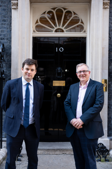 Robert Largan MP with Nigel Skinner, the Editor of the Glossop Chronicle, outside No. 10 Downing Street 